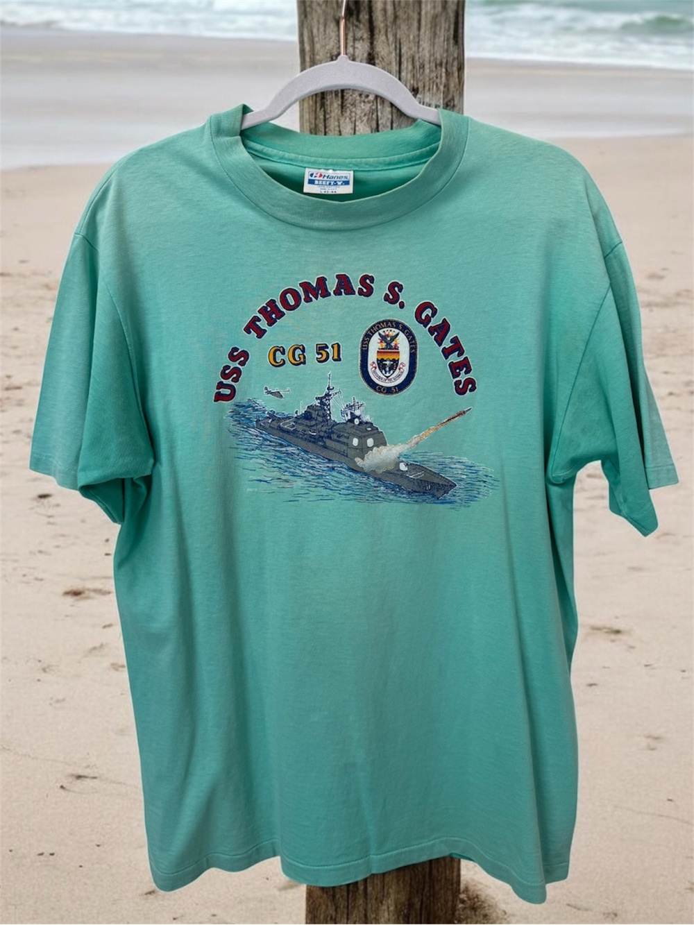 VTG 80s T-Shirt Navy Warship Military Hanes Beefy-T Green Crewneck Tee L CG 51